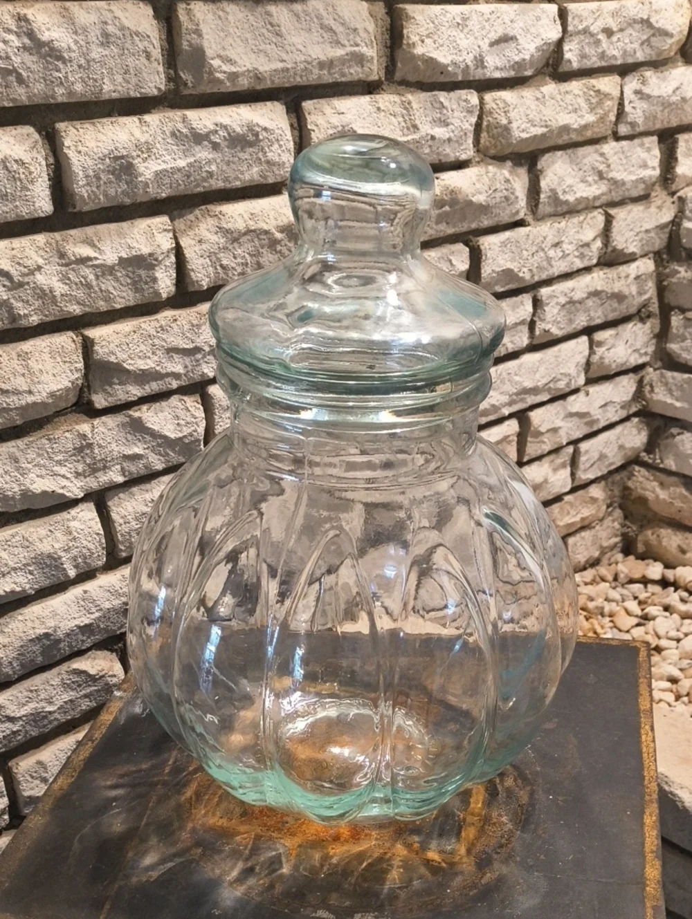 Clear Glass Apothecary Jar with Lid - Scalloped Pumpkin Style 13 In.